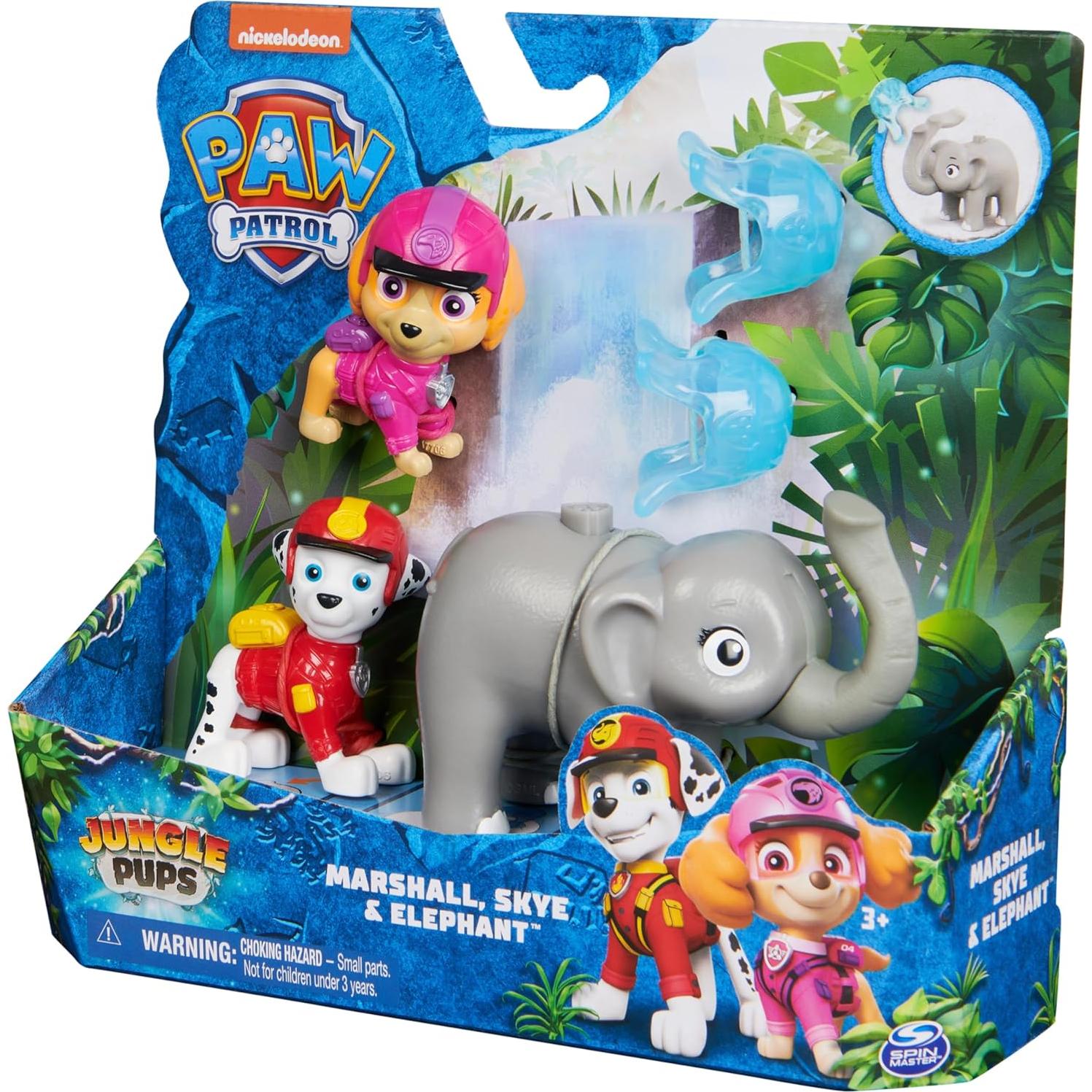 Figuras PAW Patrol Jungle Pups Marshall y Skye + Elefante