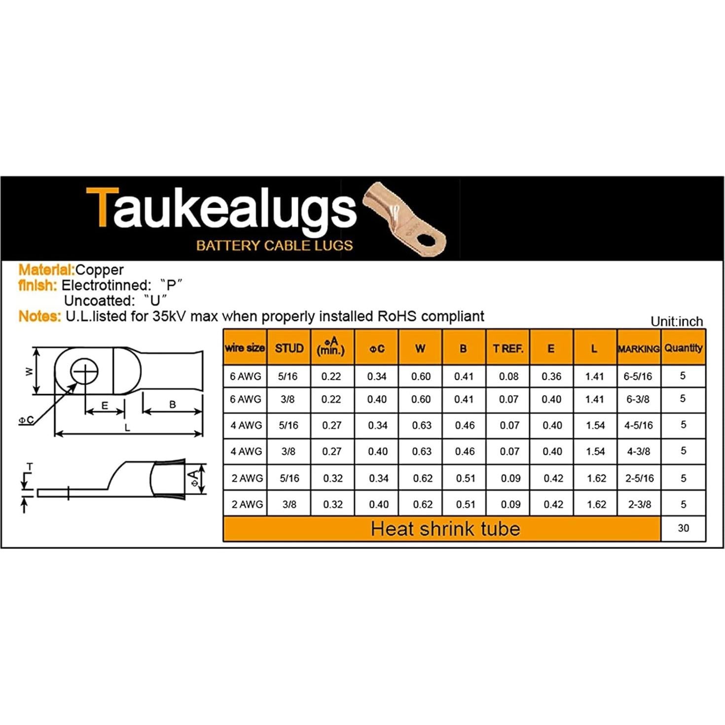 Kit de Conectores de Terminal de Batería Taukealugs 60pcs AWG