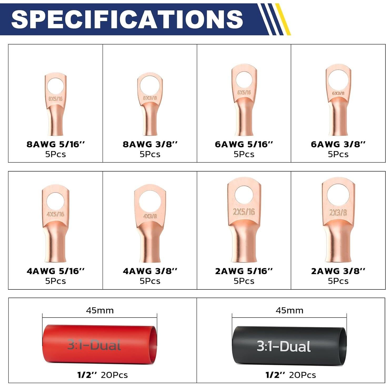 Kit de Terminales de Cable de Batería Haisstronica 80pcs Cobre Puro