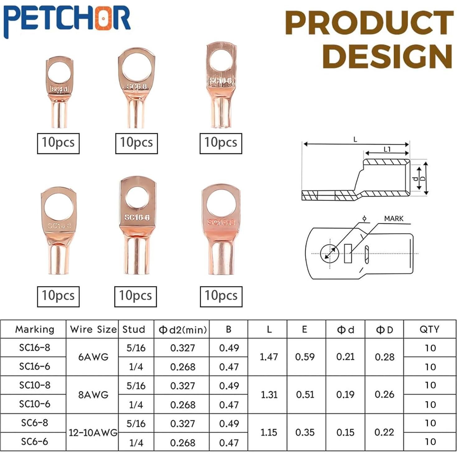 140 Conectores de Terminal de Cable de Cobre PETCHOR AWG 4-10
