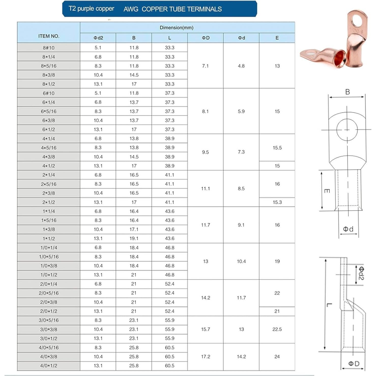 10 Conectores de Terminal de Cobre MEYOOZIISU 1/0 AWG 5/16"