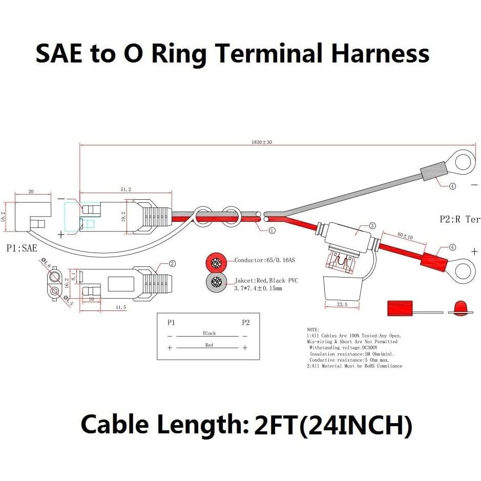 6 Pack Cable SAE a Anillo Terminal 0.61m 16AWG con Fusible 10A
