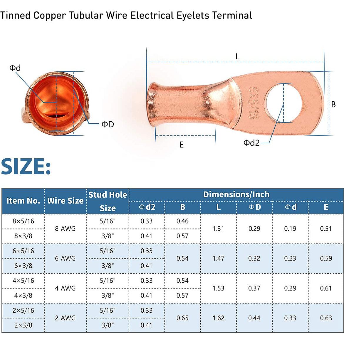 Kit 12 Conectores de Terminal de Anillo de Cobre 2 AWG 5/16"