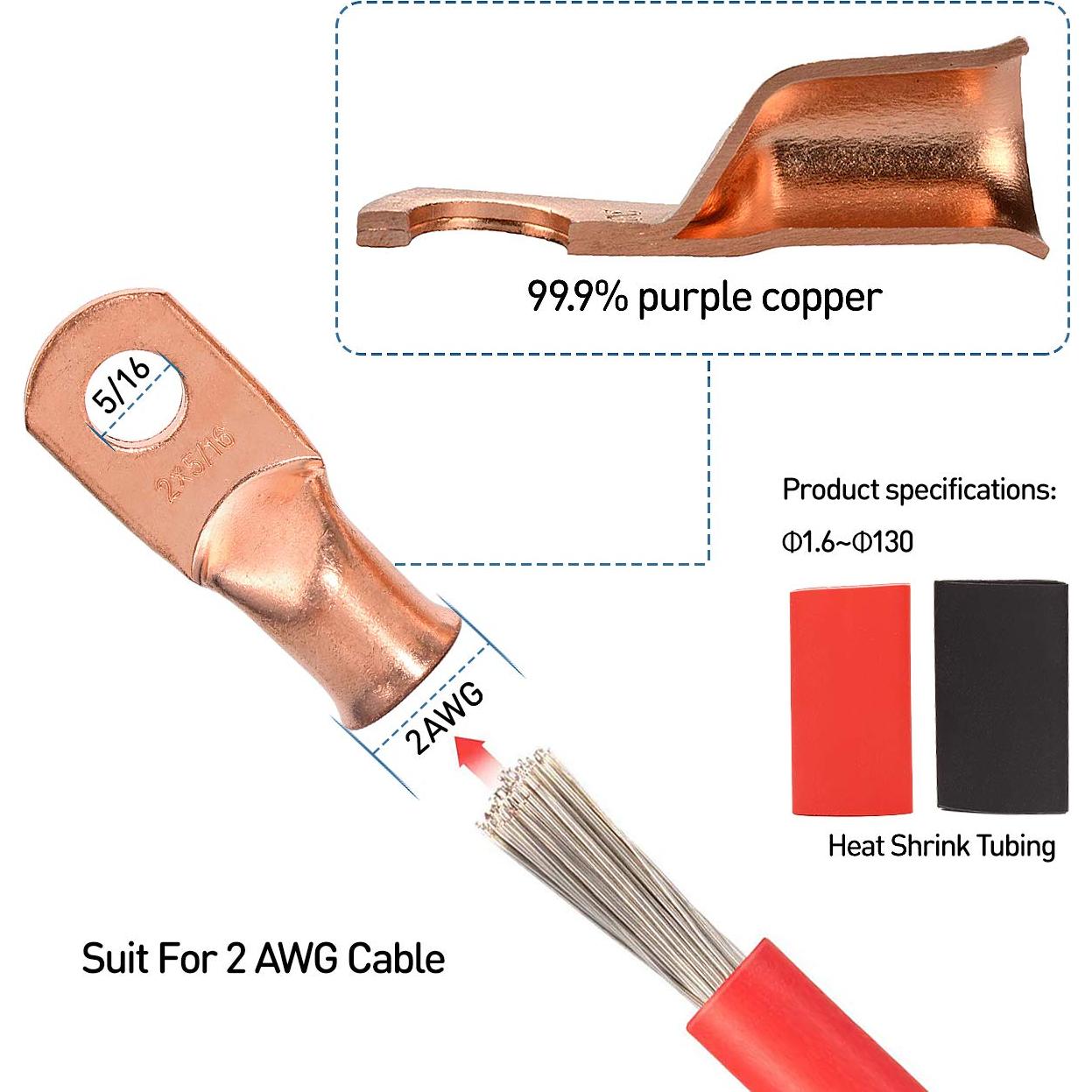 Kit 12 Conectores de Terminal de Anillo de Cobre 2 AWG 5/16"