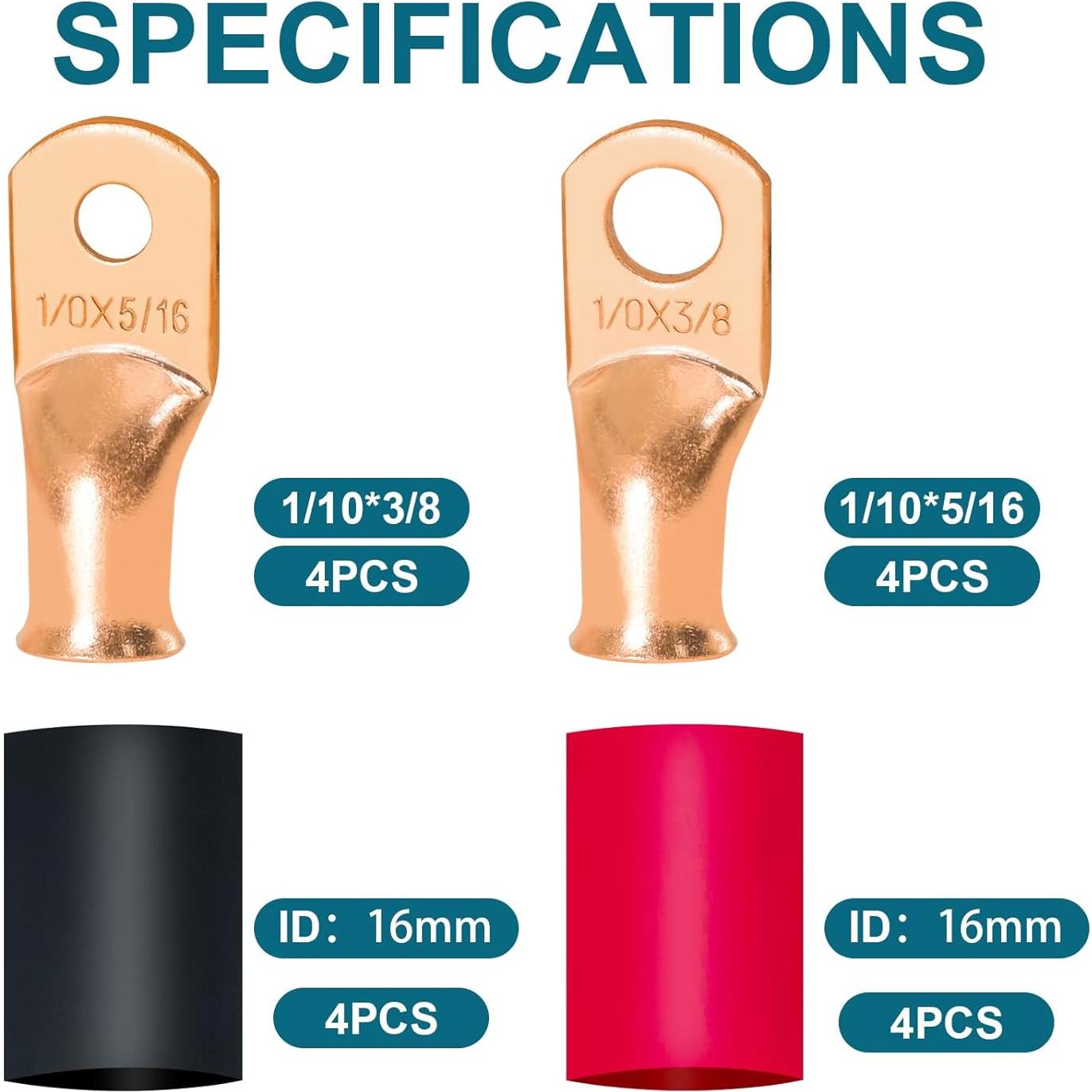 Kit de Conectores de Terminal de Batería 16 PCS Cobre 1/0 AWG