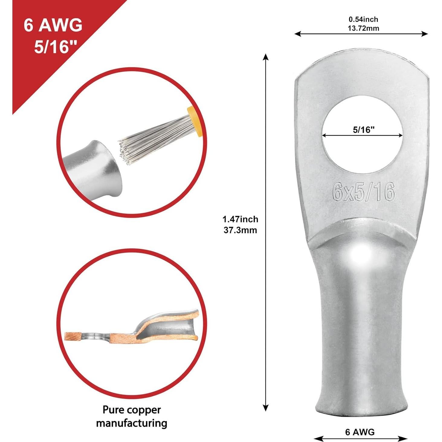 10 Terminales de Anillo de Cobre Estañado 6 AWG Sanuke