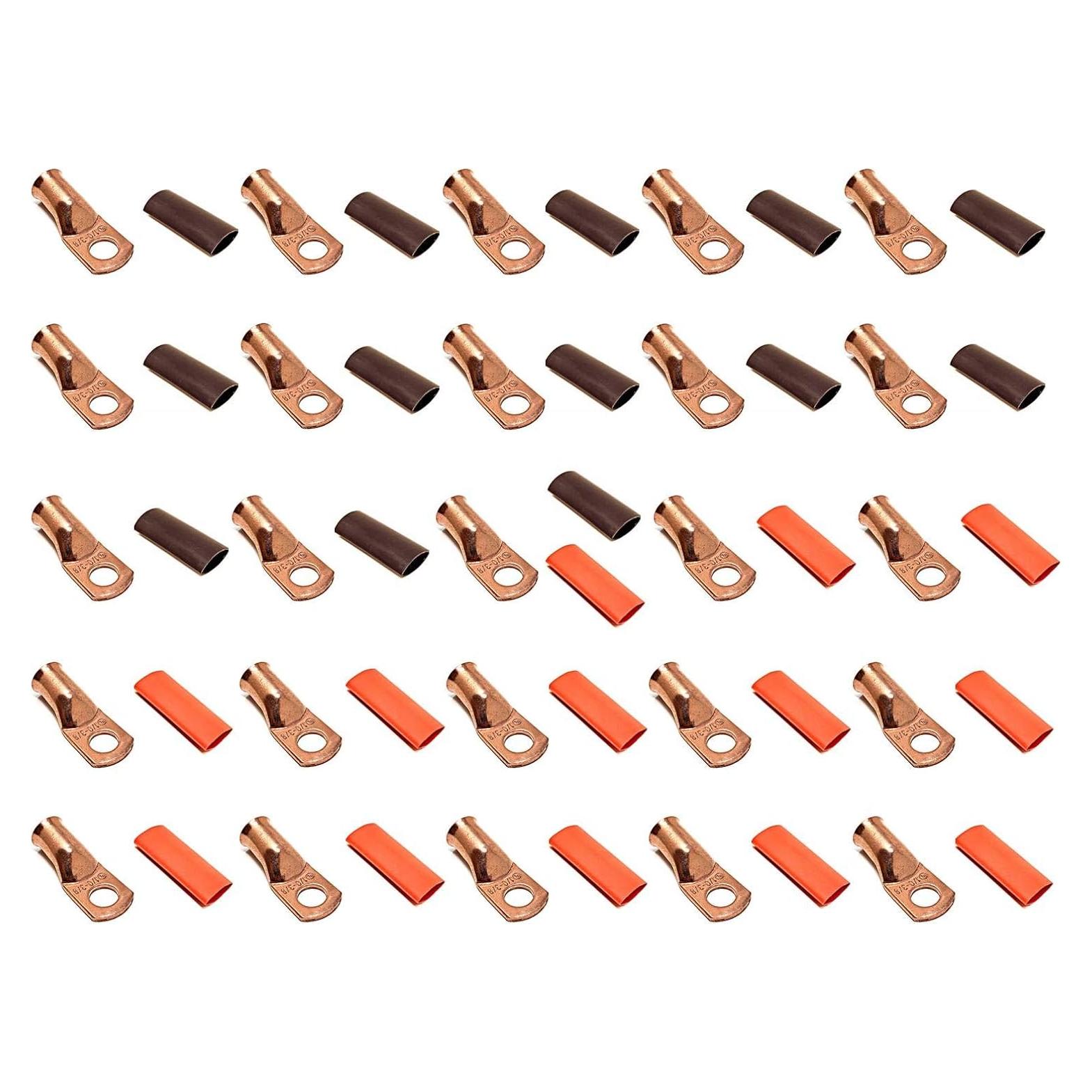 25 Terminales de Conector de Anillo 1/0 AWG + Tubo Termocontraíble