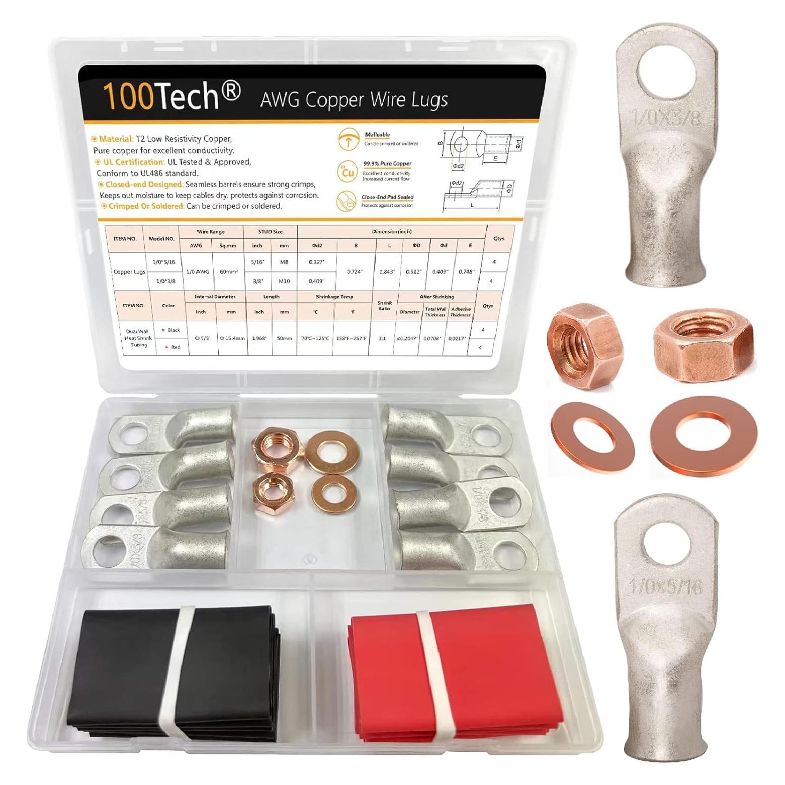 Terminales de Anillo de Cobre 0 AWG 100Tech - 8 Pcs con Tubos