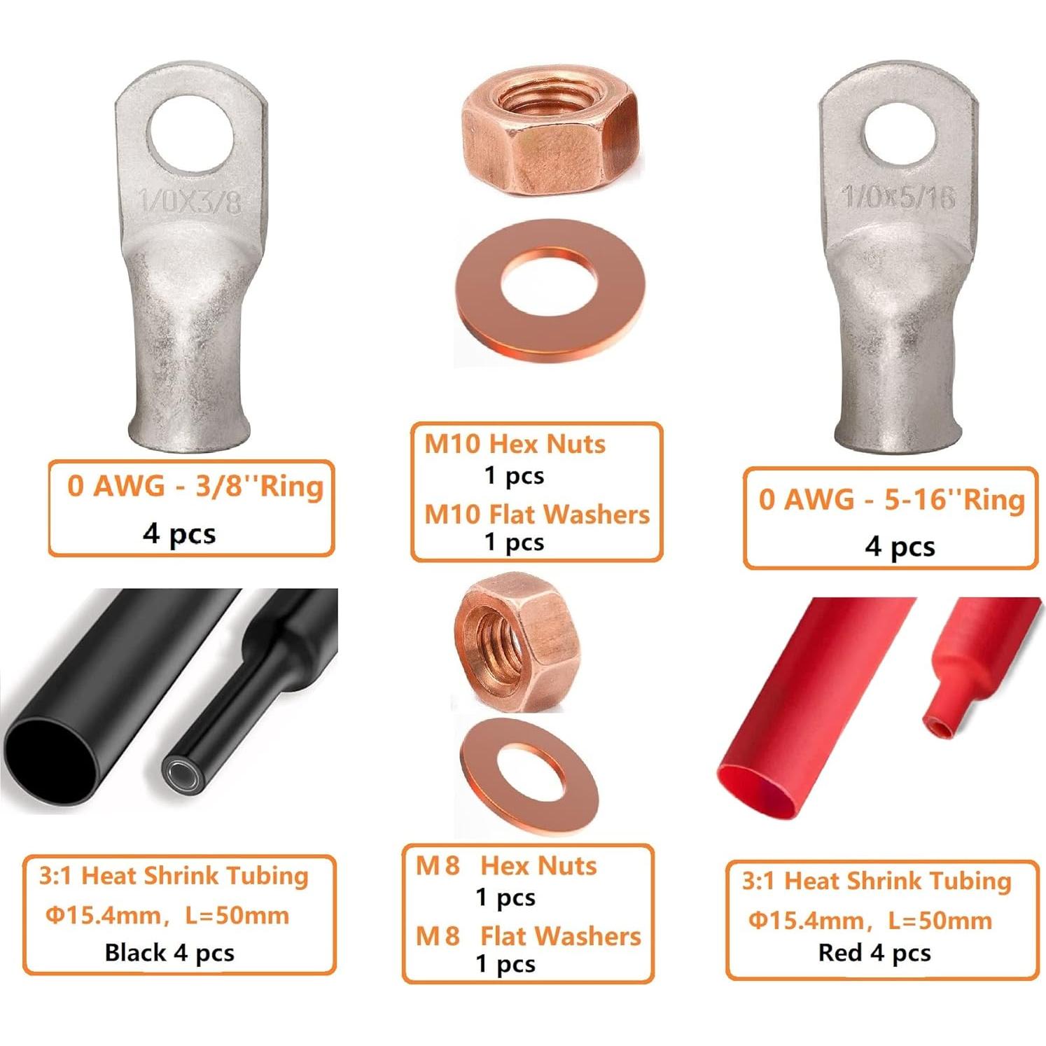 Terminales de Anillo de Cobre 0 AWG 100Tech - 8 Pcs con Tubos