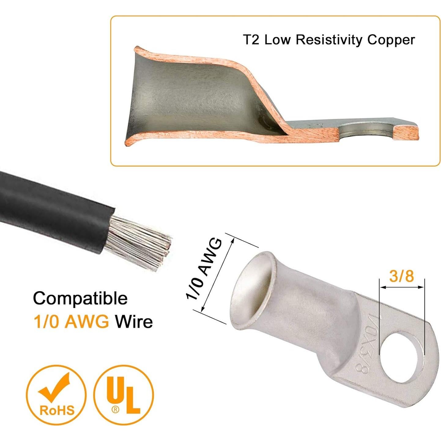 Terminales de Anillo de Cobre 0 AWG 100Tech - 8 Pcs con Tubos