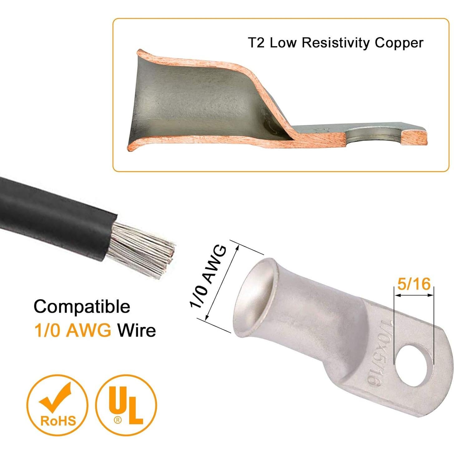 Terminales de Anillo de Cobre 0 AWG 100Tech - 8 Pcs con Tubos