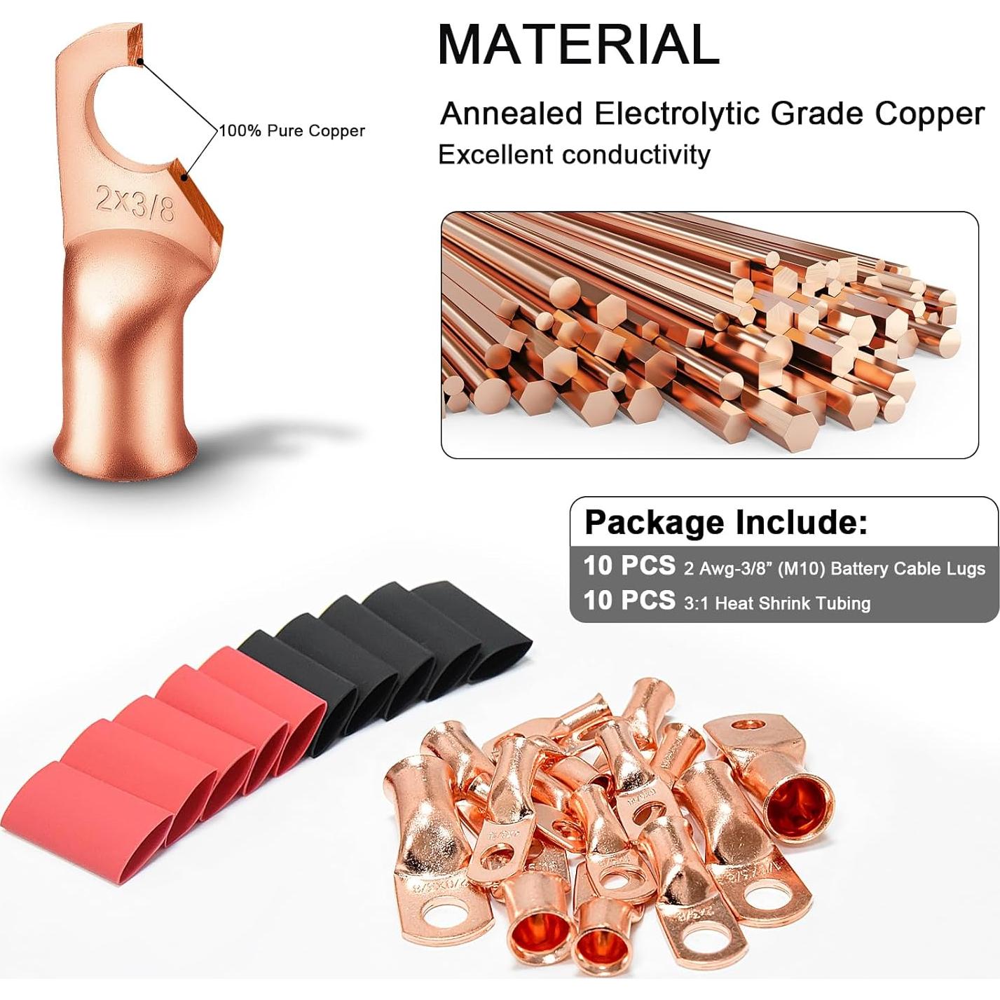 Conectores de Batería iGreely 10 Pcs 2 AWG 9.53 mm Cobre