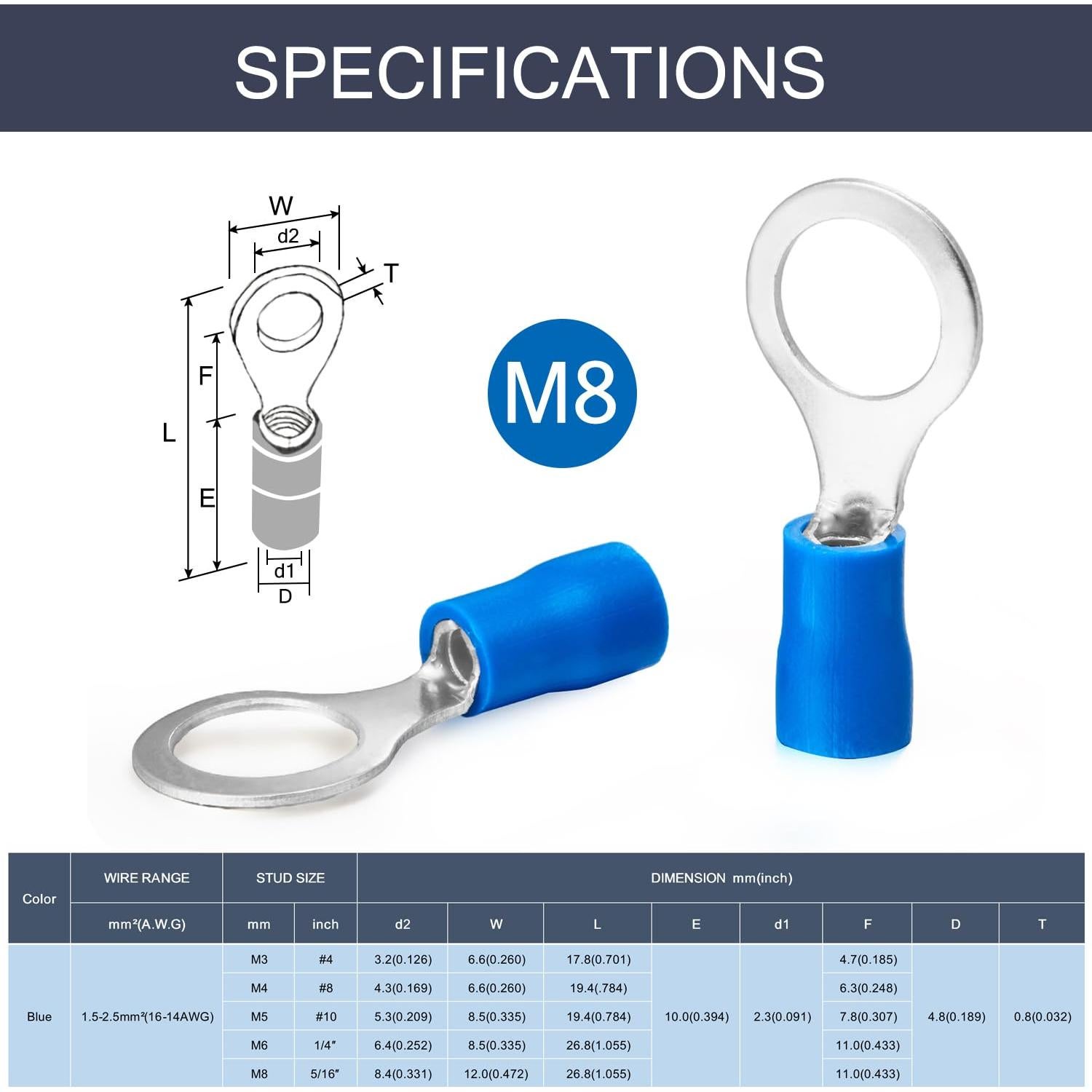 Conectores de Anillo Aislados CHANZON 50pcs M8 16-14AWG