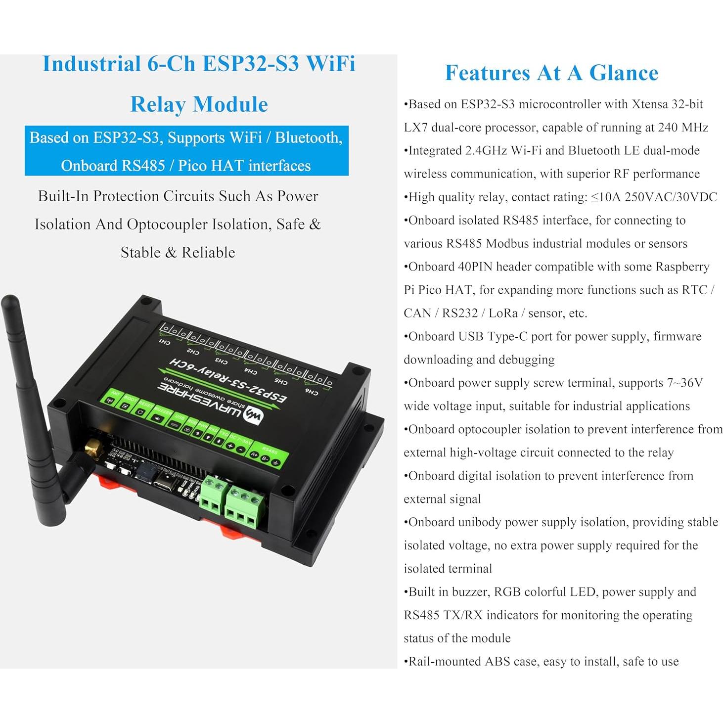 Módulo Relé WiFi 6 Canales UeeKKoo ESP32-S3 Industrial
