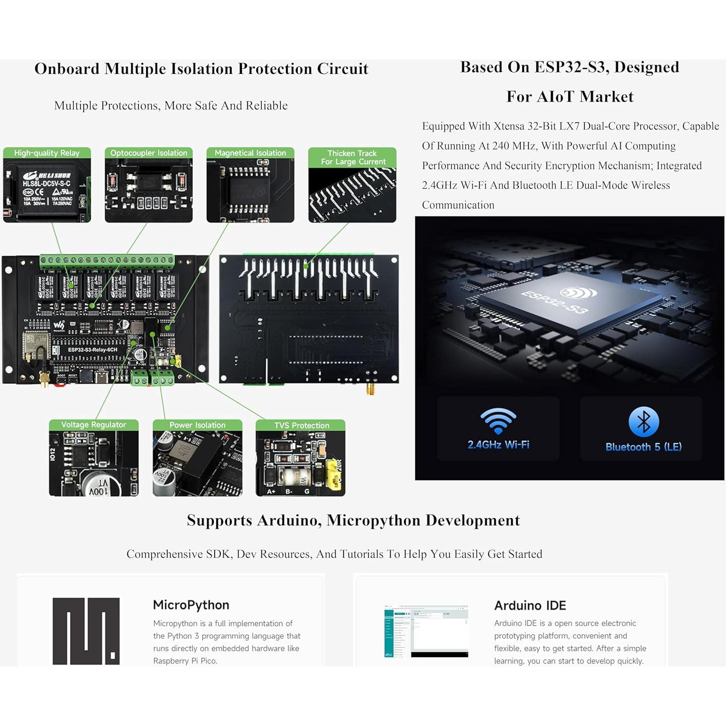 Módulo Relé WiFi 6 Canales UeeKKoo ESP32-S3 Industrial