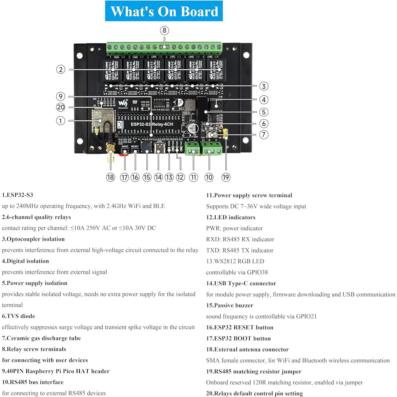 Módulo Relé WiFi 6 Canales UeeKKoo ESP32-S3 Industrial