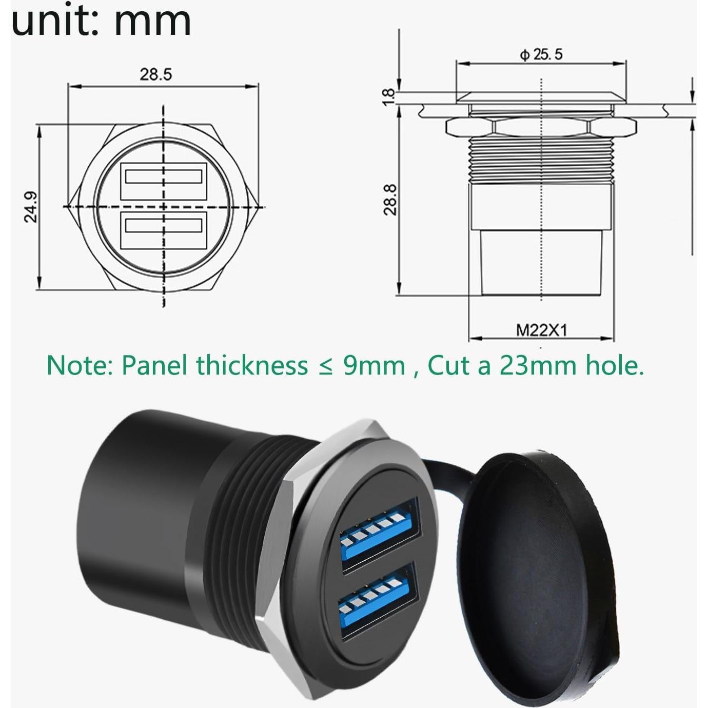 Adaptador Montaje Panel USB 3.0 Doble YiKaiEn - 5Gbps, 5V 2A