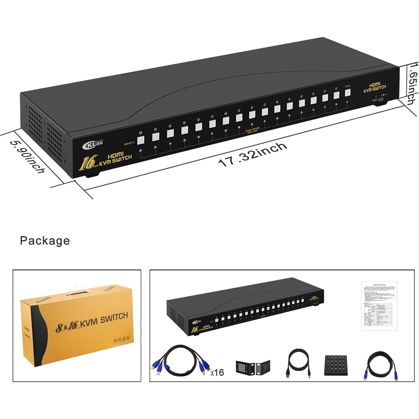 KVM Switch HDMI 16 Puertos CKLau 4K 30Hz Montaje Rack