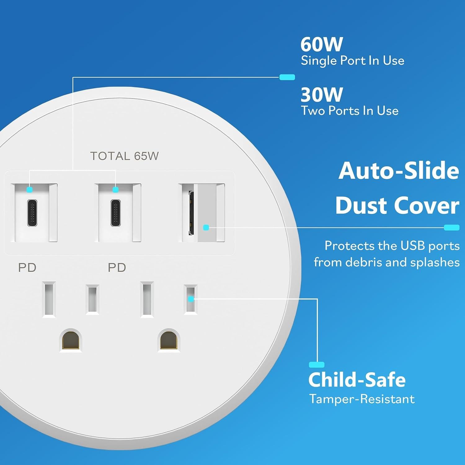 Regleta de Poder LIDER 65W USB-C y USB-A Blanca 1.98m