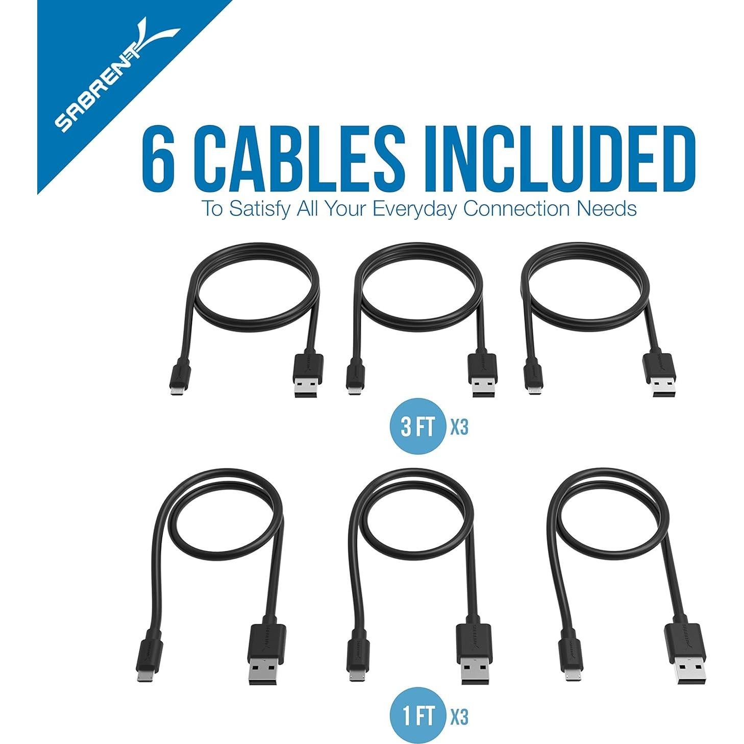 Cables Micro USB SABRENT 6-Pack 0.30m y 0.91m Carga Rápida