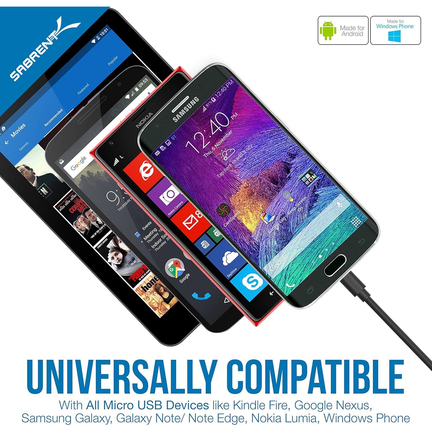 Cables Micro USB SABRENT 6-Pack 0.30m y 0.91m Carga Rápida