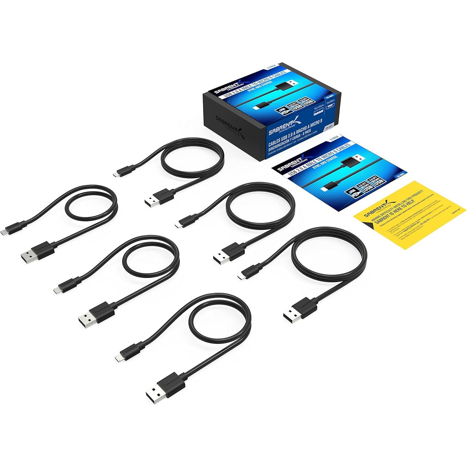 Cables Micro USB SABRENT 6-Pack 0.30m y 0.91m Carga Rápida