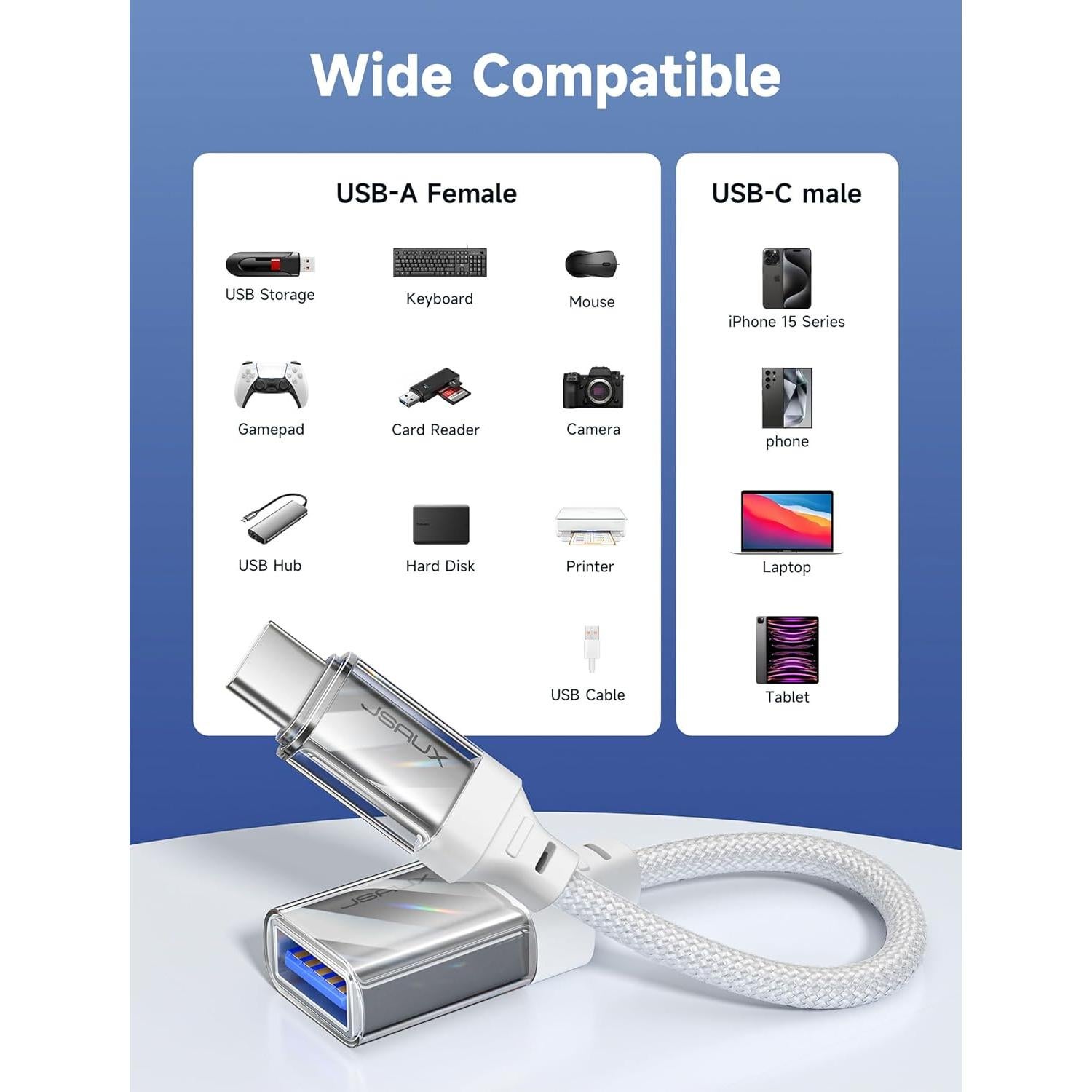 Adaptador USB a USB C JSAUX 2 Piezas Blanco Cristal 5Gbps