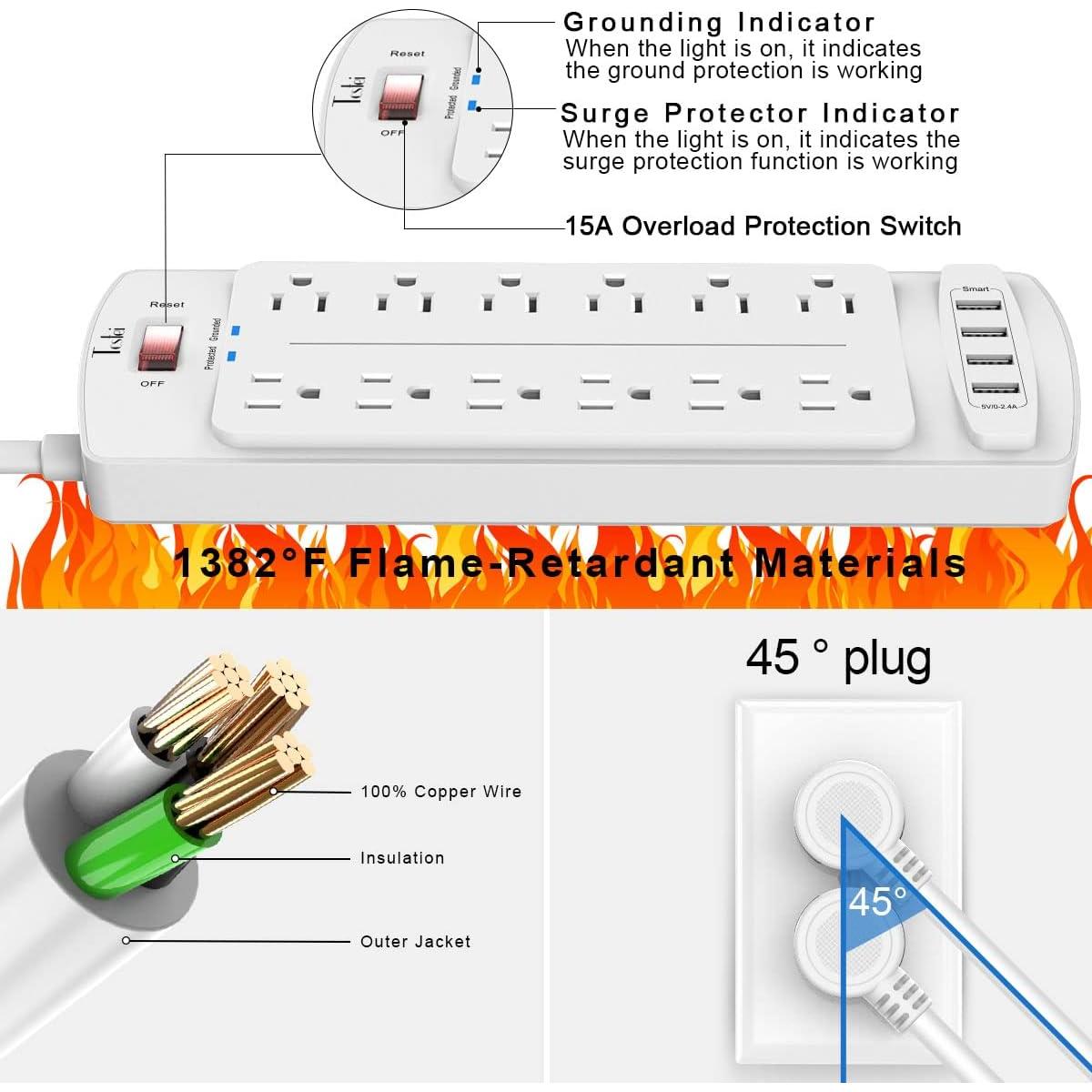 Regleta de Enchufes Tcstei 12 Salidas 4 USB 2700 Julios Blanco