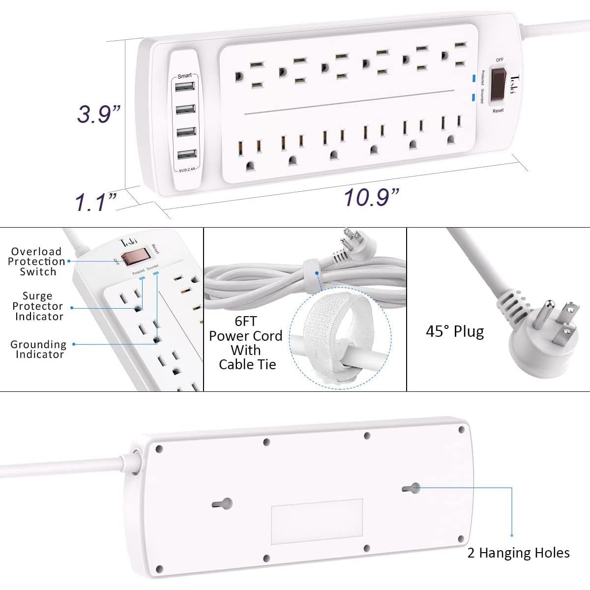 Regleta de Enchufes Tcstei 12 Salidas 4 USB 2700 Julios Blanco