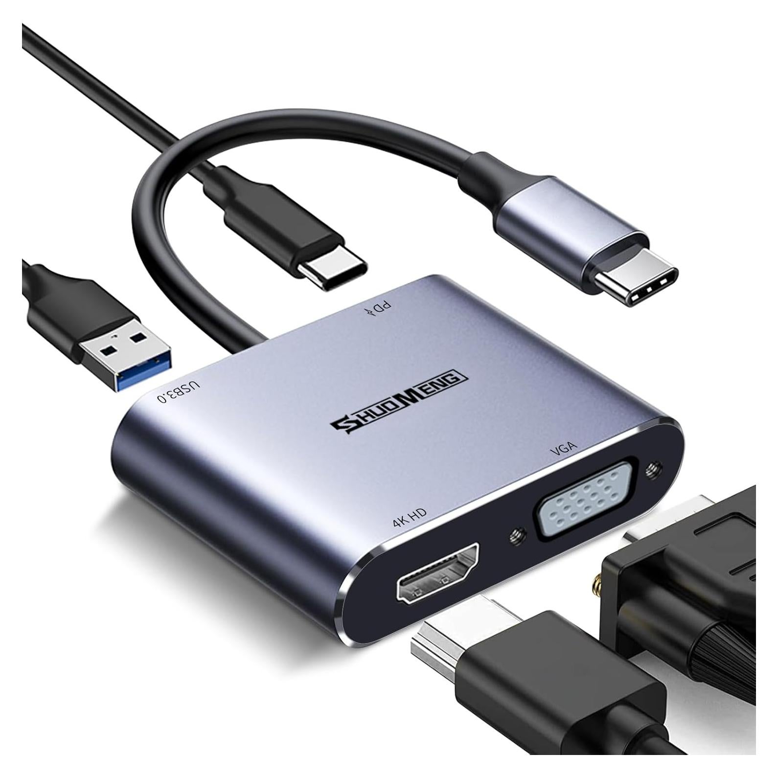 Hub USB C 4 en 1 Shuomeng Adaptador HDMI 4K VGA 100W