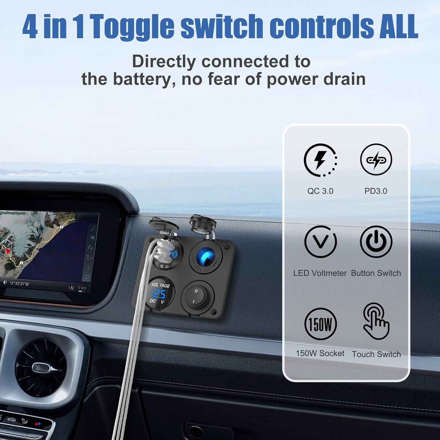 Panel de Interruptores Marinos 12V GSG con Cargador USB 4 en 1