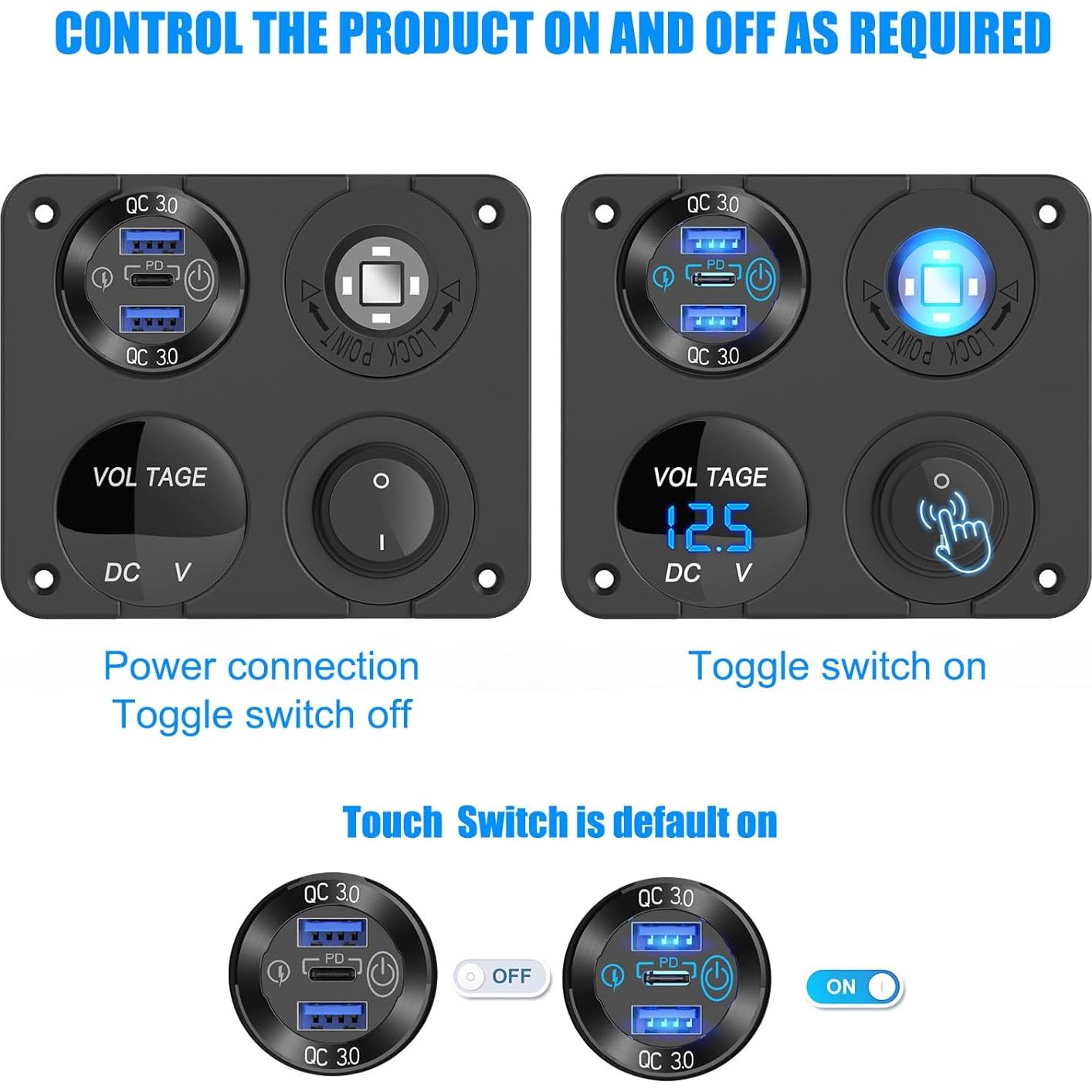 Panel de Interruptores Marinos 12V GSG con Cargador USB 4 en 1