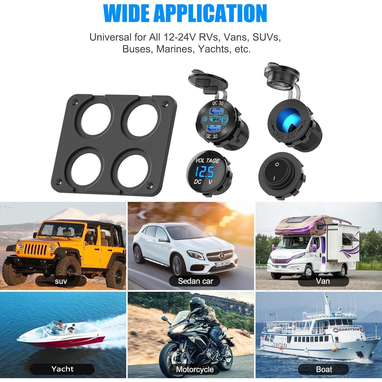 Panel de Interruptores Marinos 12V GSG con Cargador USB 4 en 1