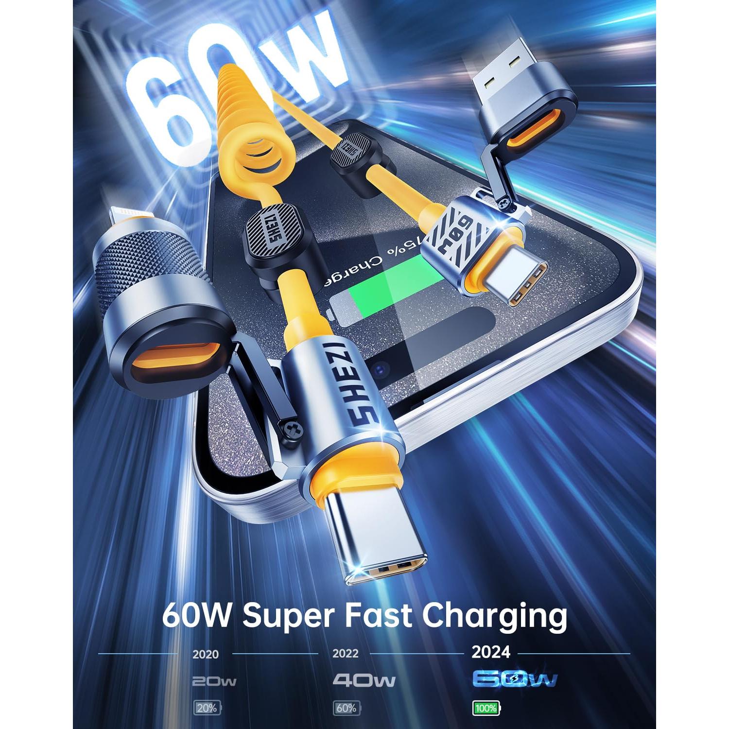 Cable USB C en espiral Vexipia 60W 1.52m Carga Rápida