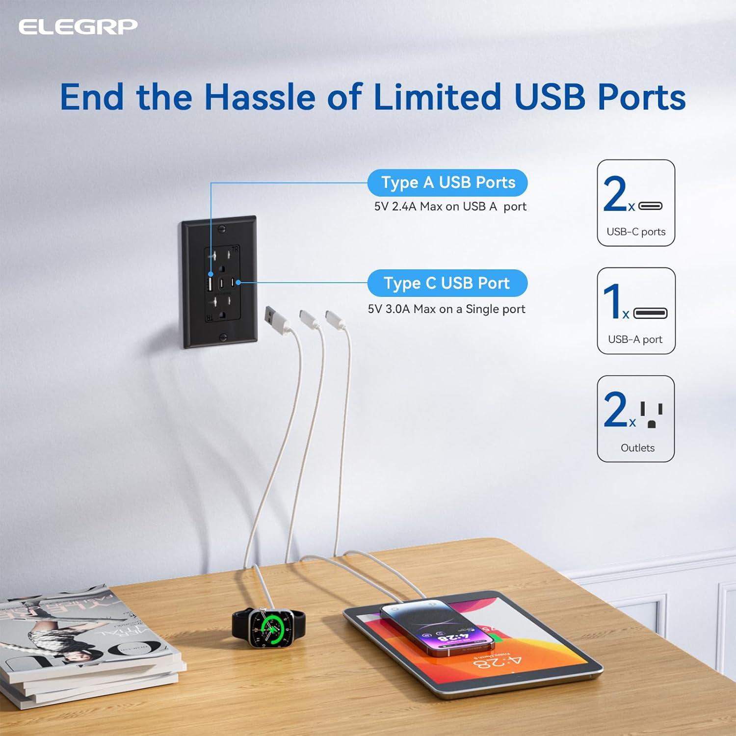 Cargador de Pared USB ELEGRP 20A 3 Puertos Negro - Paquete de 10
