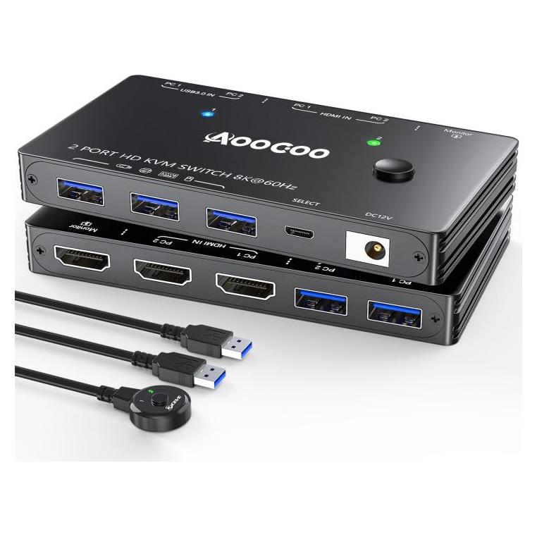 Interruptor KVM HDMI 2.1 8K 60Hz AOOCOO 2 PC 1 Monitor USB 3.0