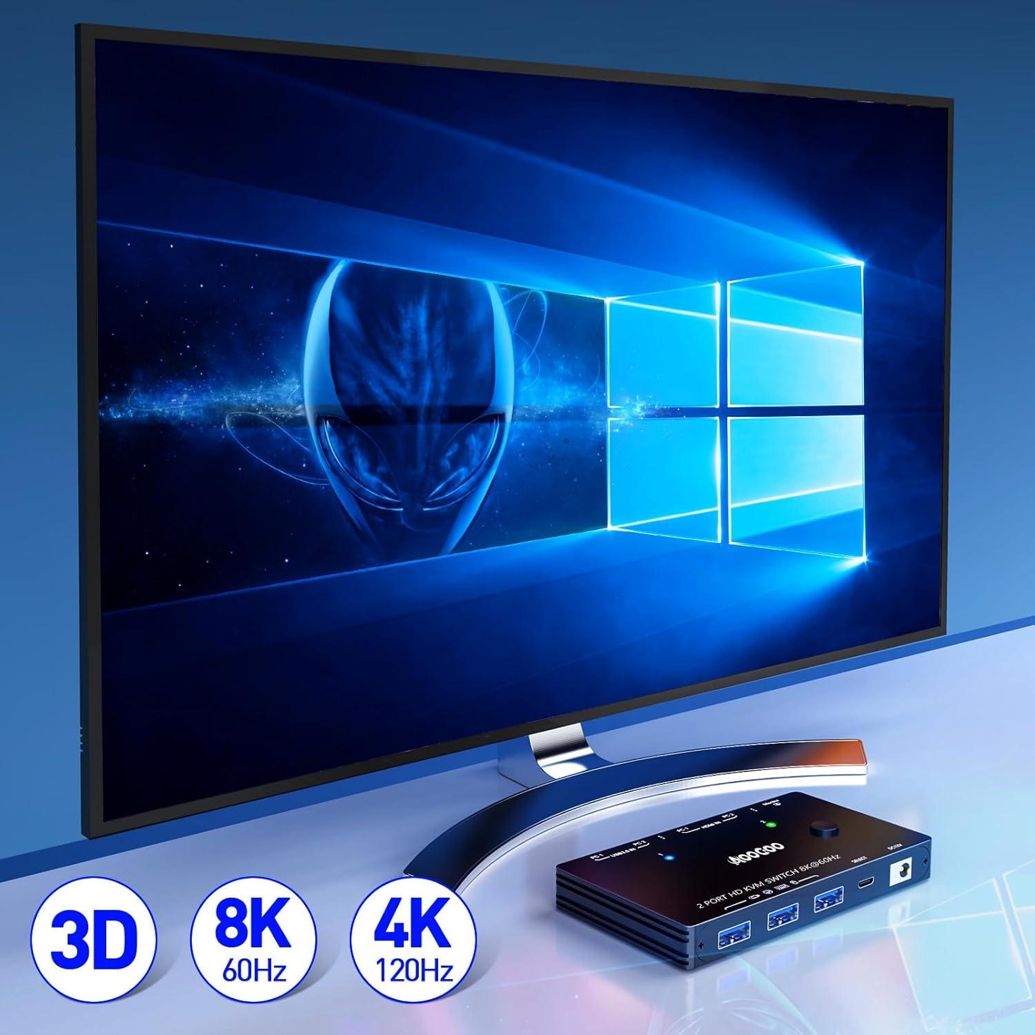 Interruptor KVM HDMI 2.1 8K 60Hz AOOCOO 2 PC 1 Monitor USB 3.0