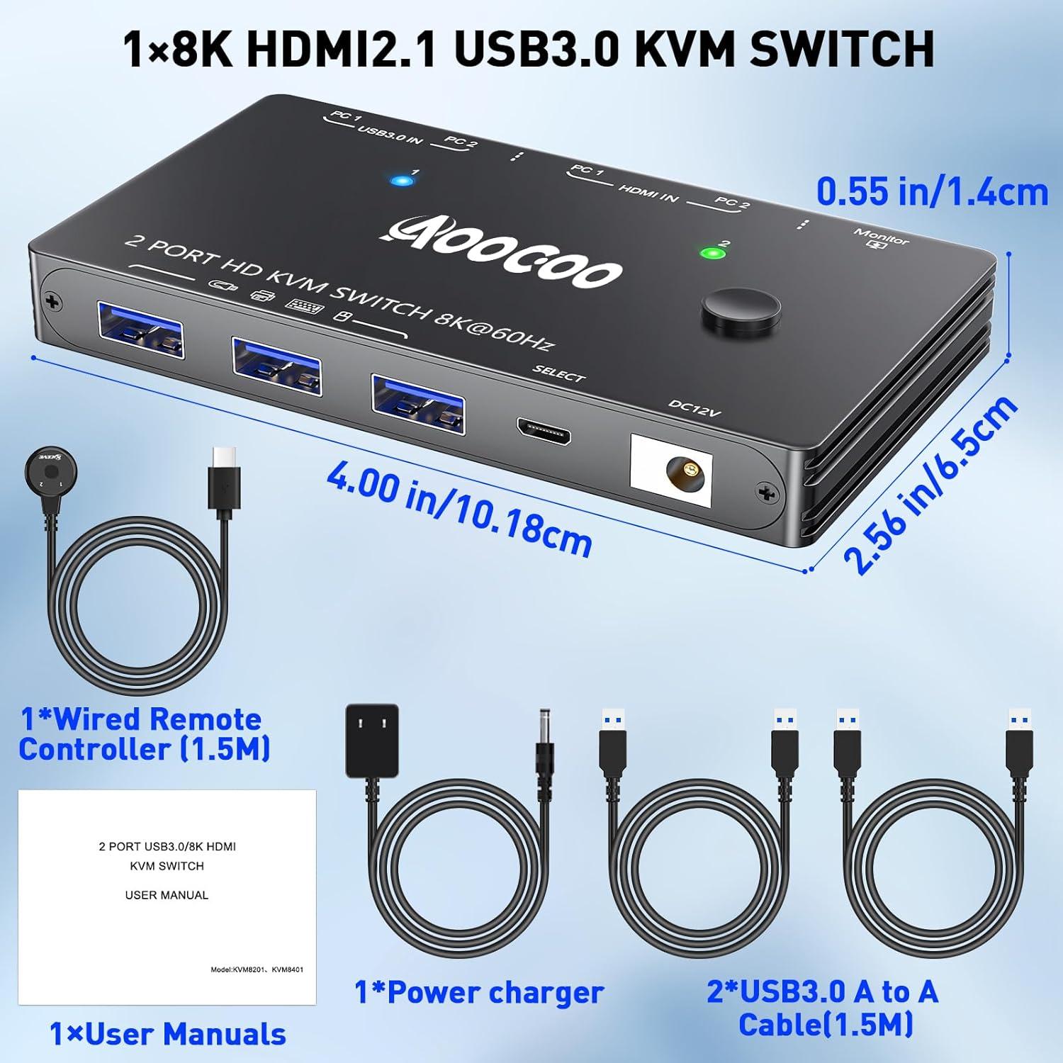 Interruptor KVM HDMI 2.1 8K 60Hz AOOCOO 2 PC 1 Monitor USB 3.0