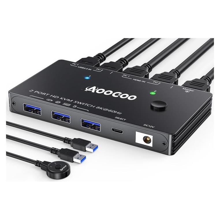 Interruptor KVM HDMI 8K 2 PC 1 Monitor AOOCOO USB 3.0