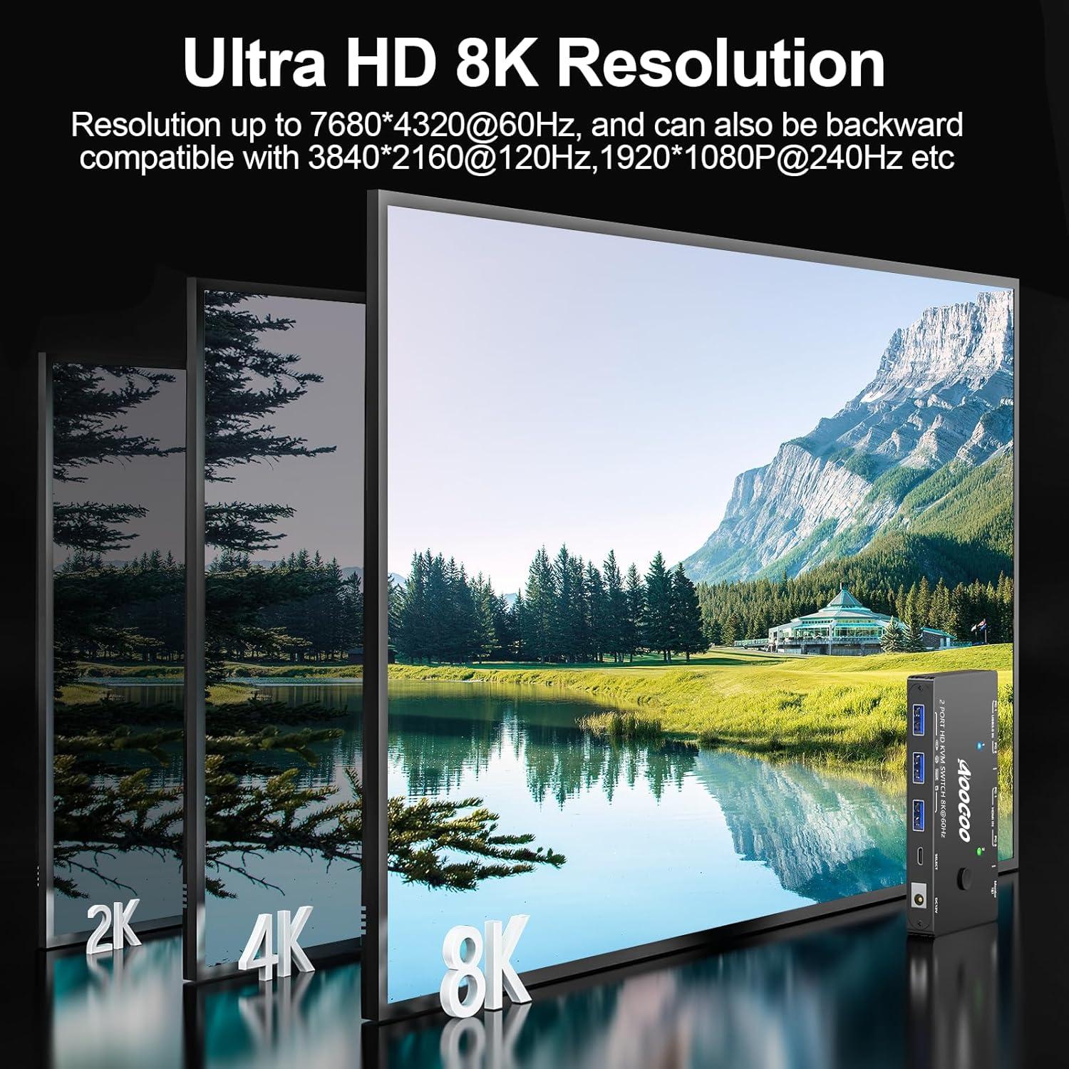 Interruptor KVM HDMI 8K 2 PC 1 Monitor AOOCOO USB 3.0