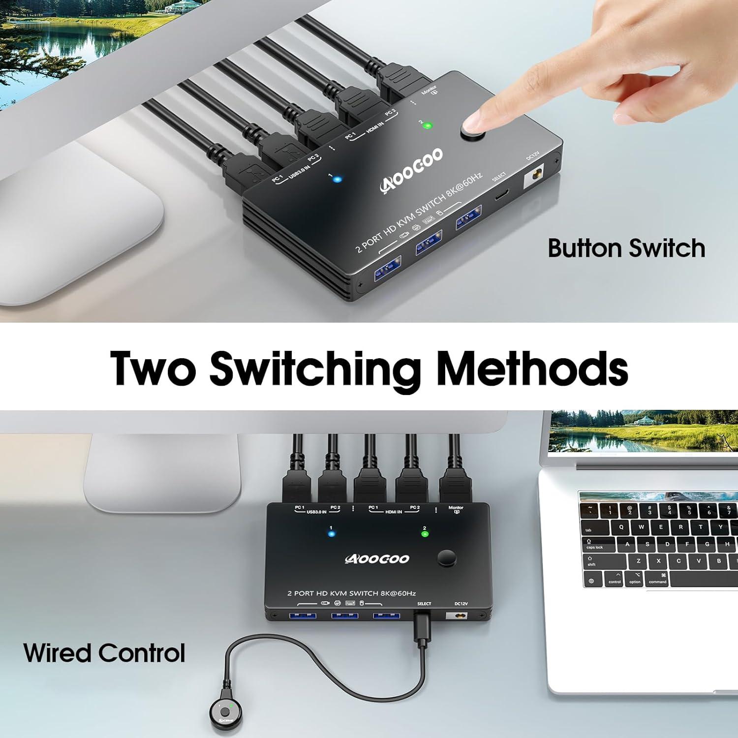 Interruptor KVM HDMI 8K 2 PC 1 Monitor AOOCOO USB 3.0
