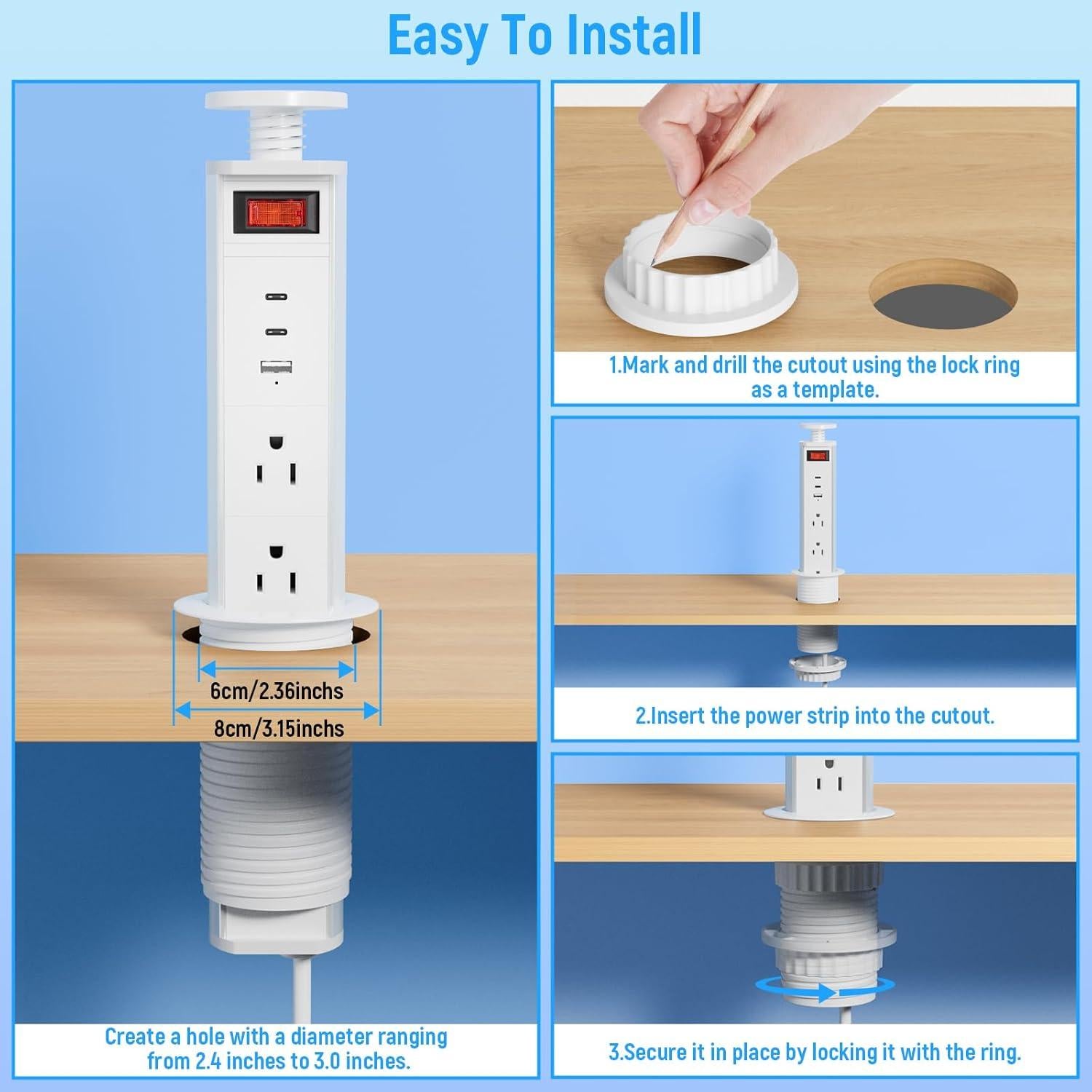 Outlet Pop Up Sussex Blanco con 3 salidas AC y 2 USB