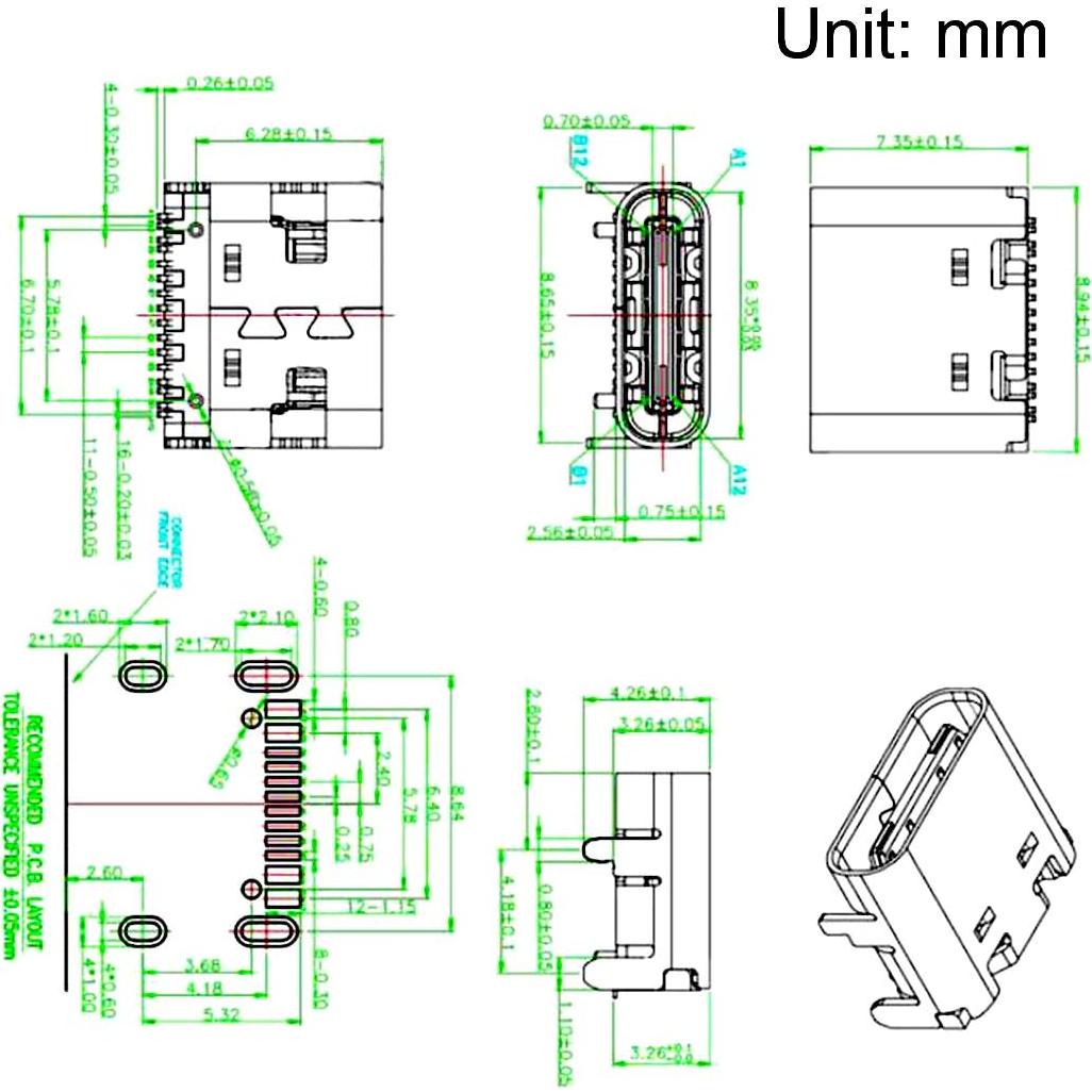 Conector USB Tipo C 3.1 Hembra 16 Pines Carga Rápida 5 Pcs