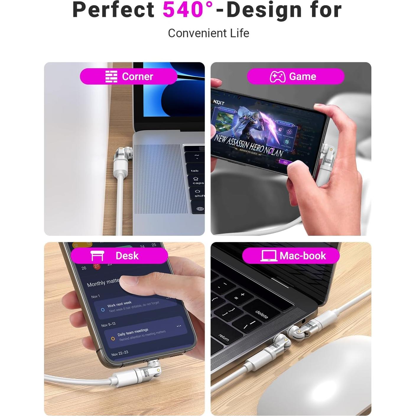 Adaptador Magnético USB C 240W VAFOTON 3 Pack 90 Grados