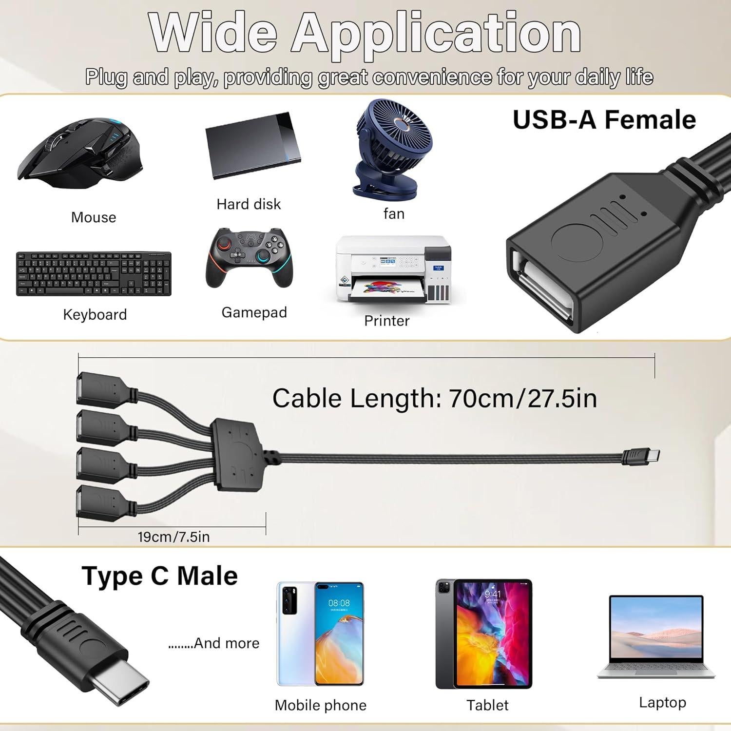 Cable divisor USB C a 4 USB A hembra 0.5m Shenzhenshi