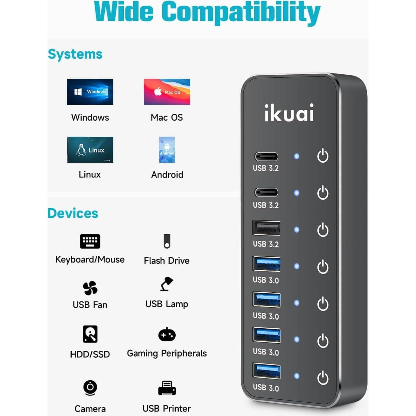 Hub USB 3.2 Alimentado ikuai de 7 Puertos con 10Gbps