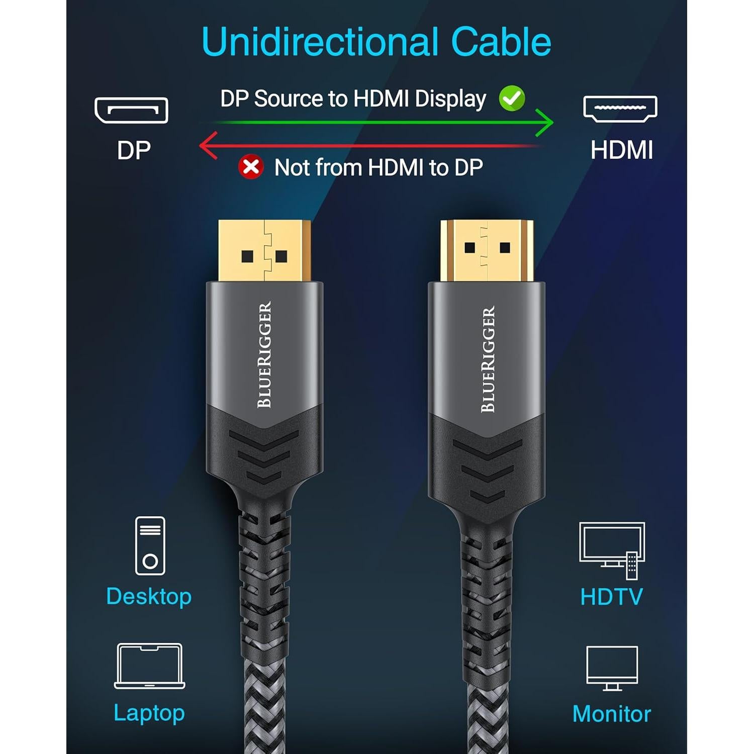 Cable DisplayPort a HDMI BlueRigger 1.83m 4K 60Hz Unidireccional