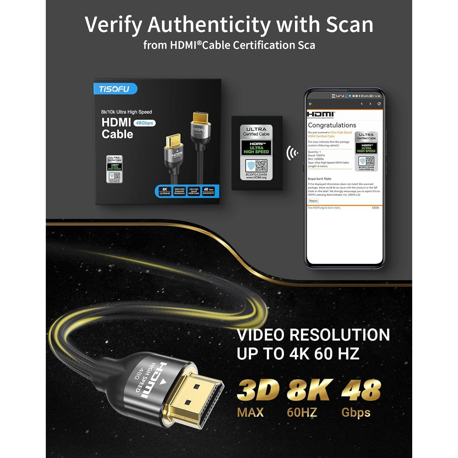 Cable HDMI 2.1 TISOFU 0.91m Ultra Alta Velocidad 8K 60Hz