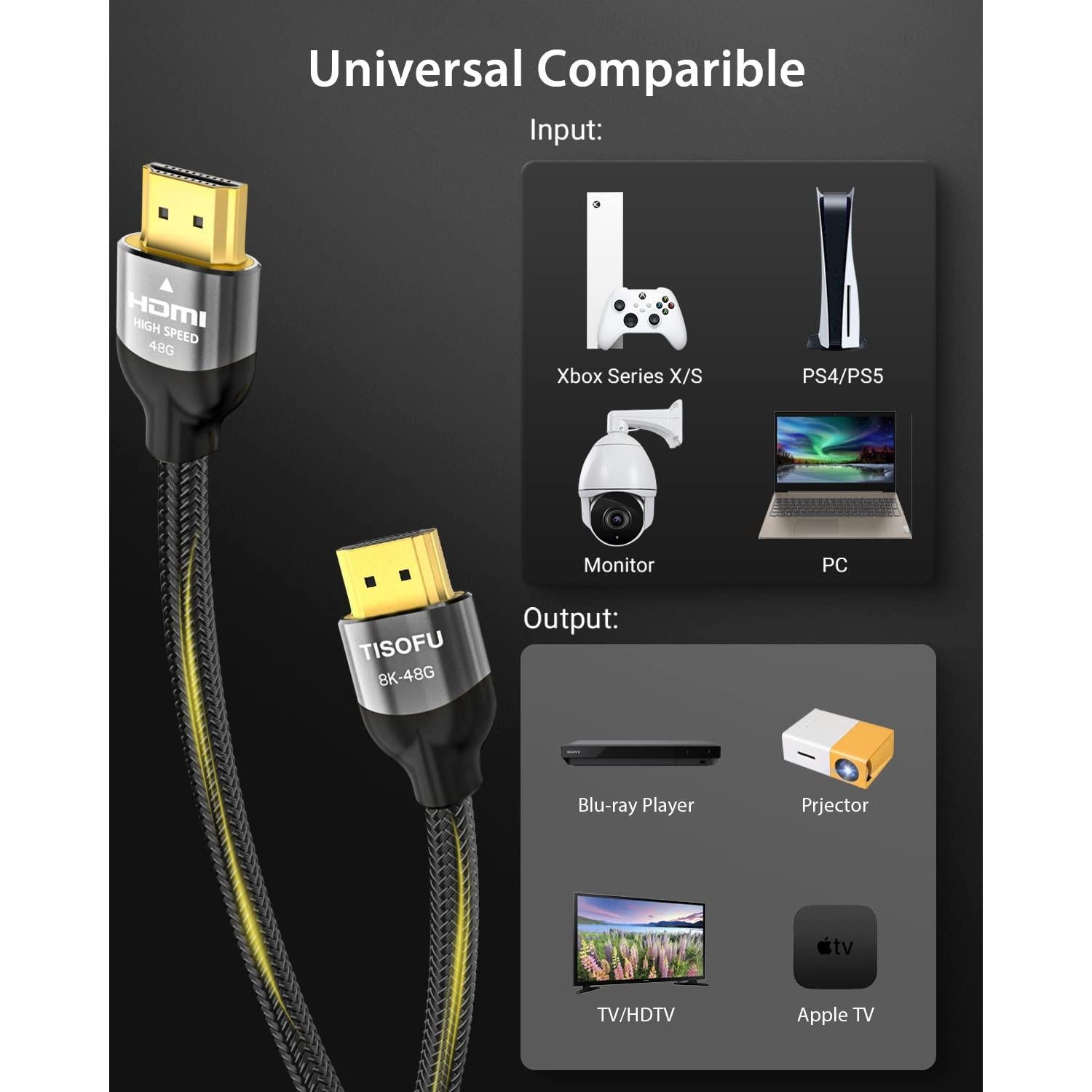 Cable HDMI 2.1 TISOFU 0.91m Ultra Alta Velocidad 8K 60Hz