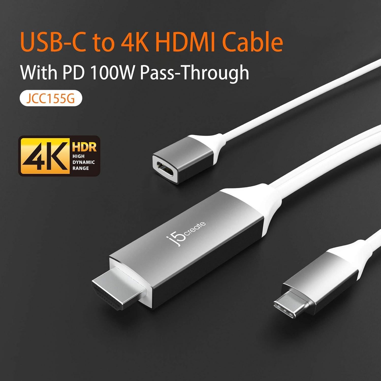 Cable HDMI 4K 60Hz j5create JCC155G USB-C 2 en 1 100W